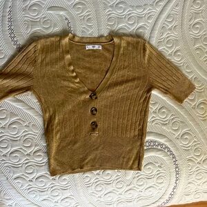 Gold Ribbed Knit Button-Up Top